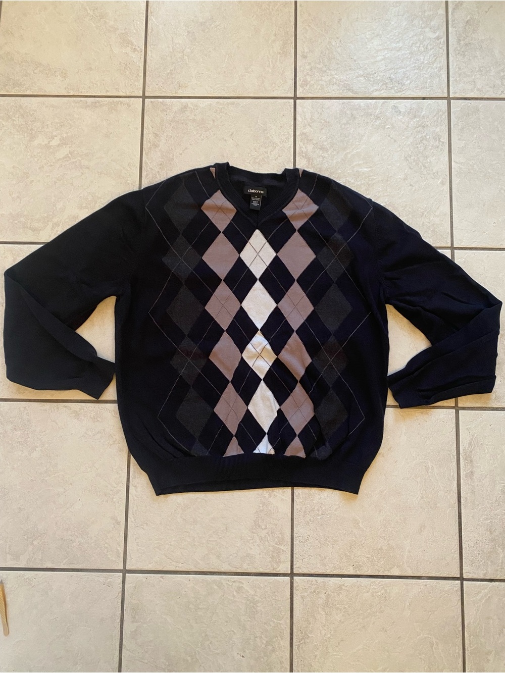 VTG Claiborne Men M Argyle V-Neck Sweater Black Cotton Knit Preppy Golf 2000